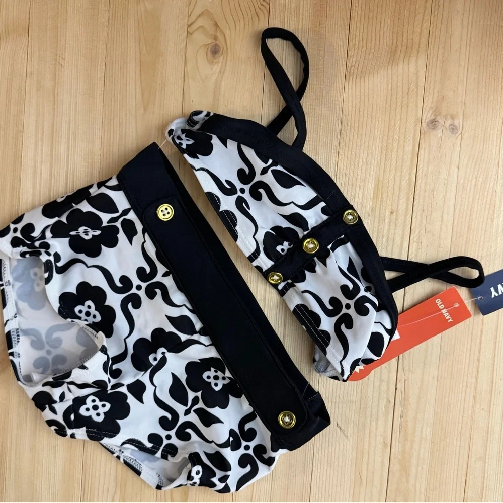 Old Navy Black White Floral Bikini Set Girls 3T NWT Retro Swimwear Cute Beach